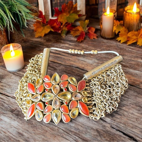 KENNETH COLE Gold-Tone Stretch Bracelet w/ Red & Amber Stones - Picture 5 of 10